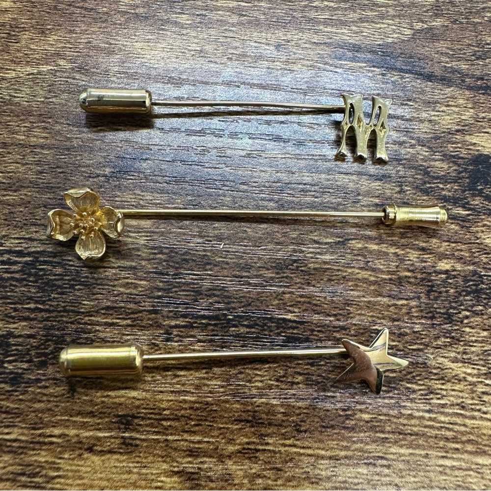 Gold Tone Floral, Star & Initial “M” Lapel Pin Set